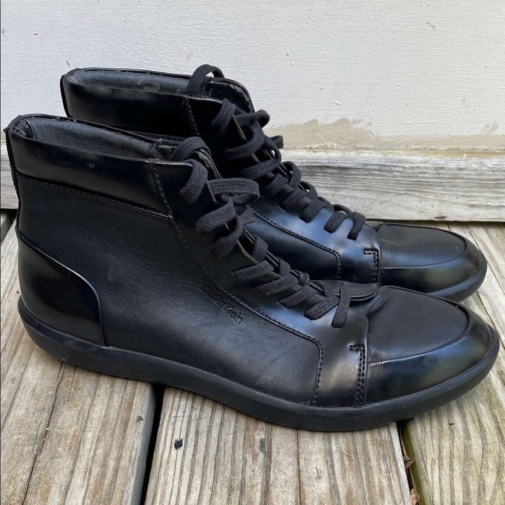 Calvin Klein Malvern Men’s Black Box Leather High-Top Sneakers Boots Size 9